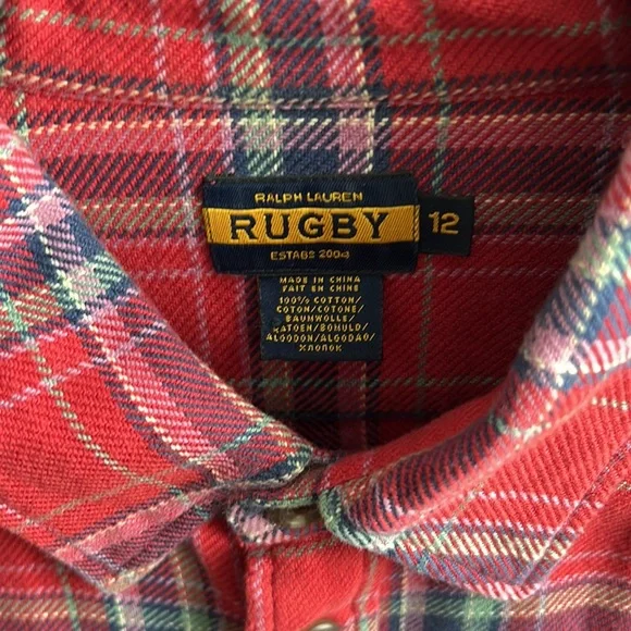 Rugby by Ralph Lauren Plaid Multicolor Cotton Flannel Top. Size 12 Slim Fit - Picture 2 of 8